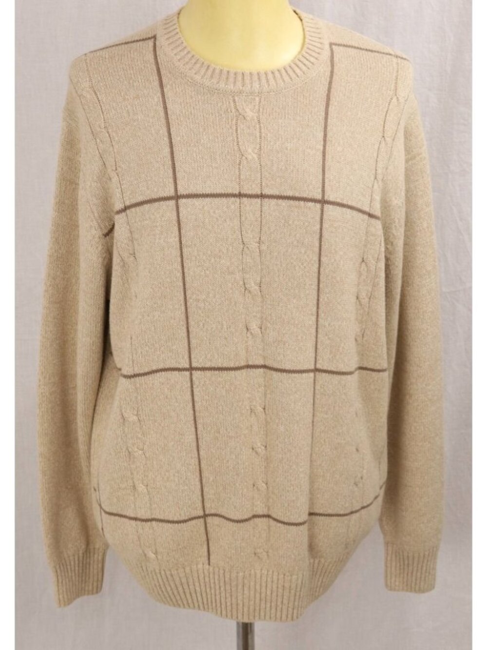 Eclectic Grandpa Dockers Sweater Men L Beige Cable Knit Pullover Brown Plaid VTG
